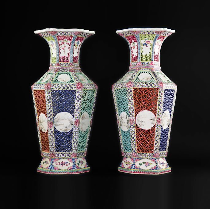 Pair of chinese porcelain reticulated famille rose vases | MasterArt